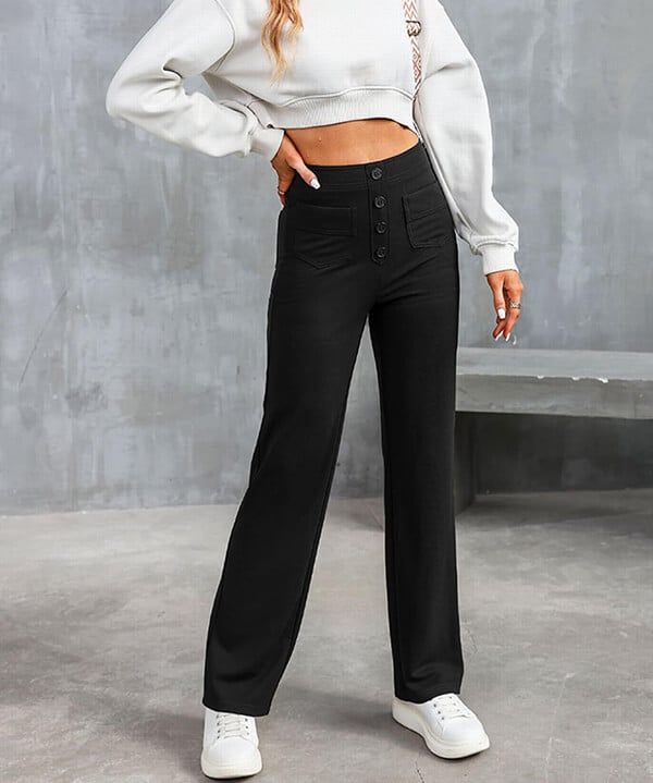 Pantalon femme coupe droite, taille haute, avec poches, respirant, idéal confort et style moderne.