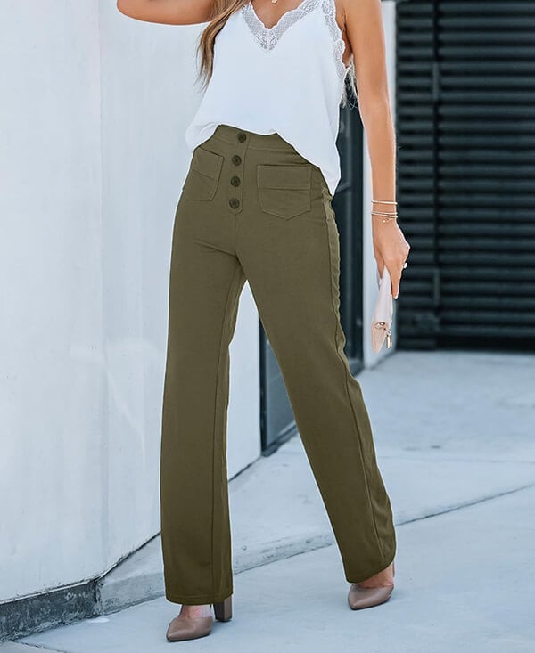 Vêtement femme polyvalent : pantalon taille haute, extensible, avec poches, chic et confortable.
