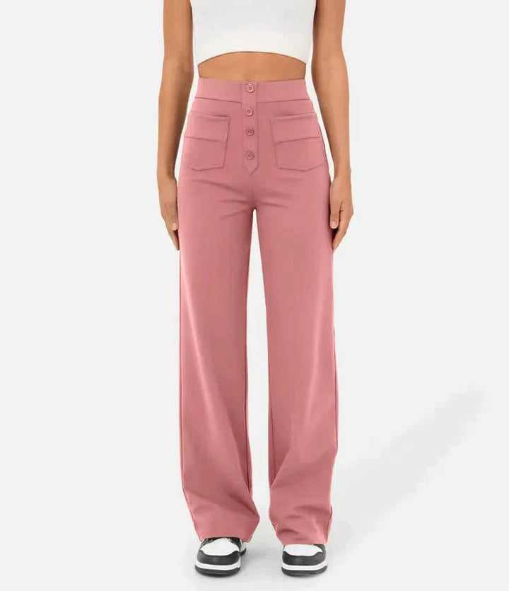 Pantalon femme coupe droite, taille haute, élégant et décontracté, idéal pour un confort optimal.