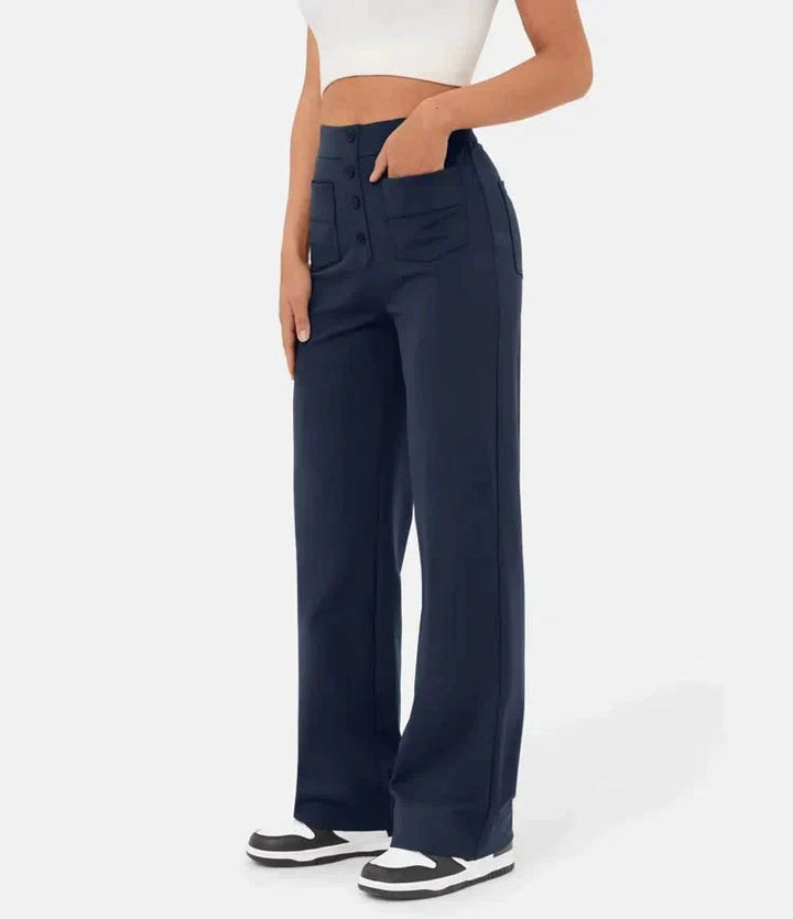 Pantalon femme Isabeau, taille haute, extensible, offre élégance et confort pour chaque journée.