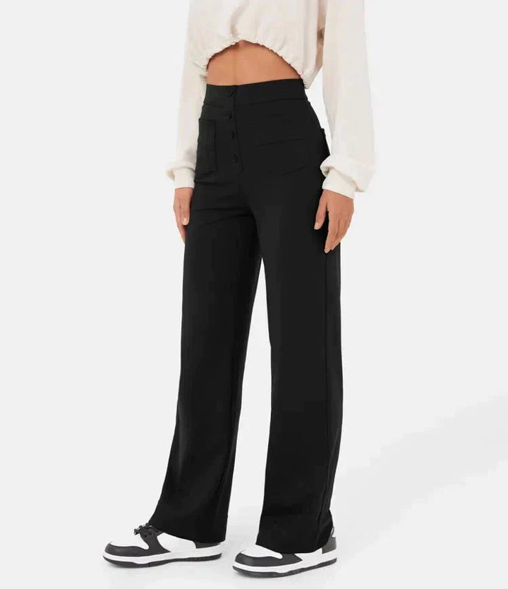 Vêtement femme élégant : pantalon taille haute extensible Isabeau, parfait pour le quotidien.
