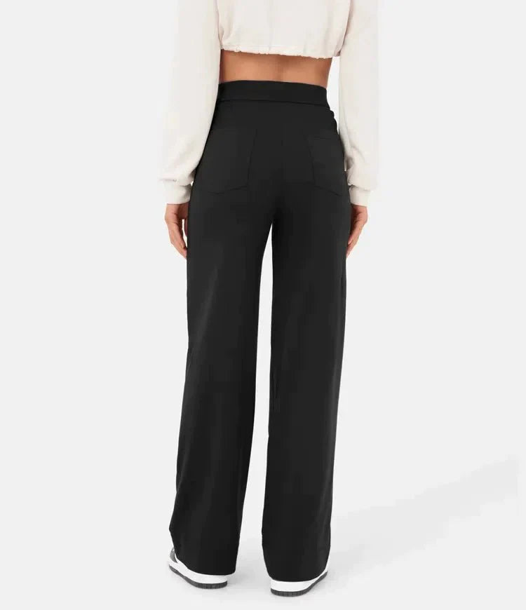 Pantalon taille haute femme, tissu respirant, coupe droite, offre confort et élégance décontractée.