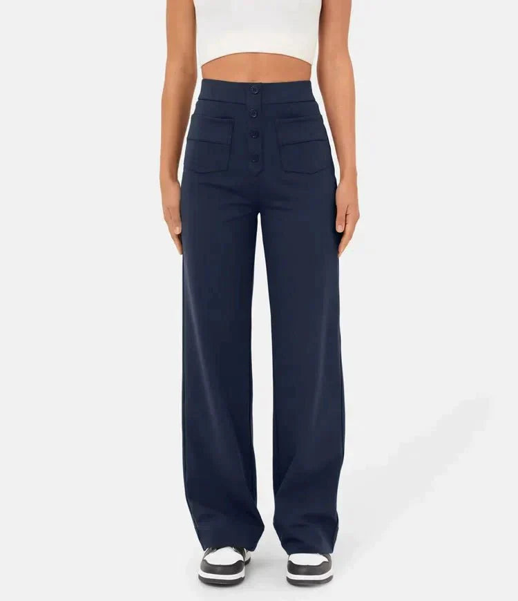 Pantalon femme moderne taille haute, extensible, respirant, pour un look chic et confortable.