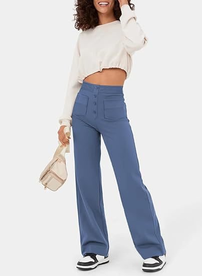 Pantalon femme taille haute, extensible, coupe droite, avec poches. Confort et style décontracté.