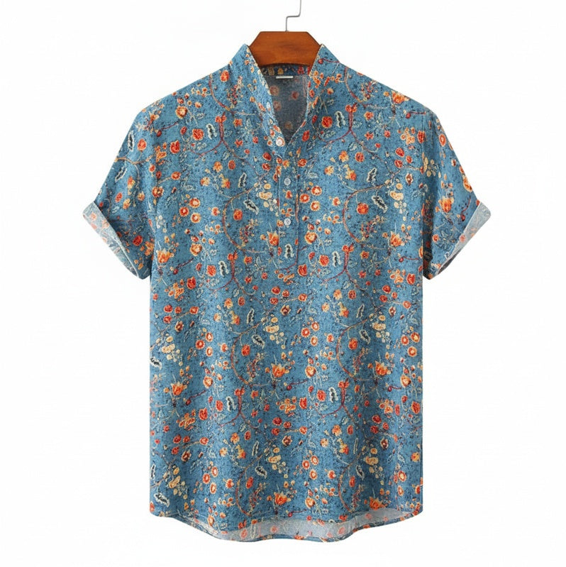 Chemise homme florale élégante, col mao, manches courtes. Idéale pour un style décontracté d'été. Imprimé fleuri.