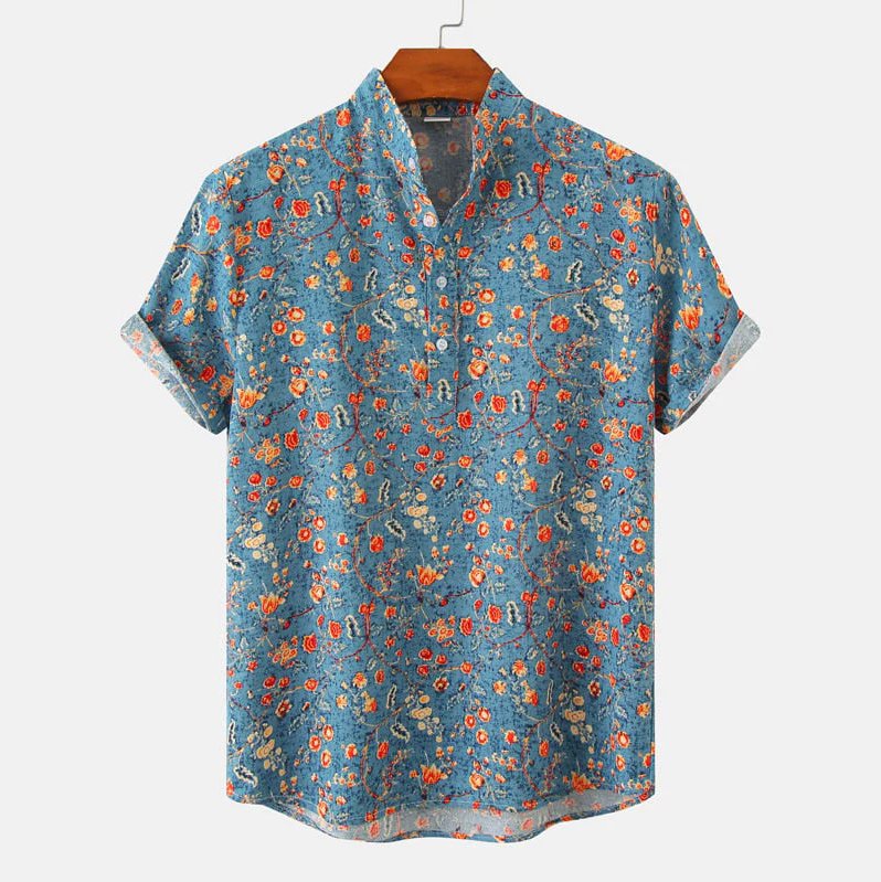 Chemise homme à imprimé fleuri, col mao chic, manches courtes. Parfaite pour la tenue d'été et la mode masculine.
