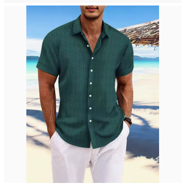 Chemise homme élégante à rayures verticales, manches courtes, col classique, mode masculine.