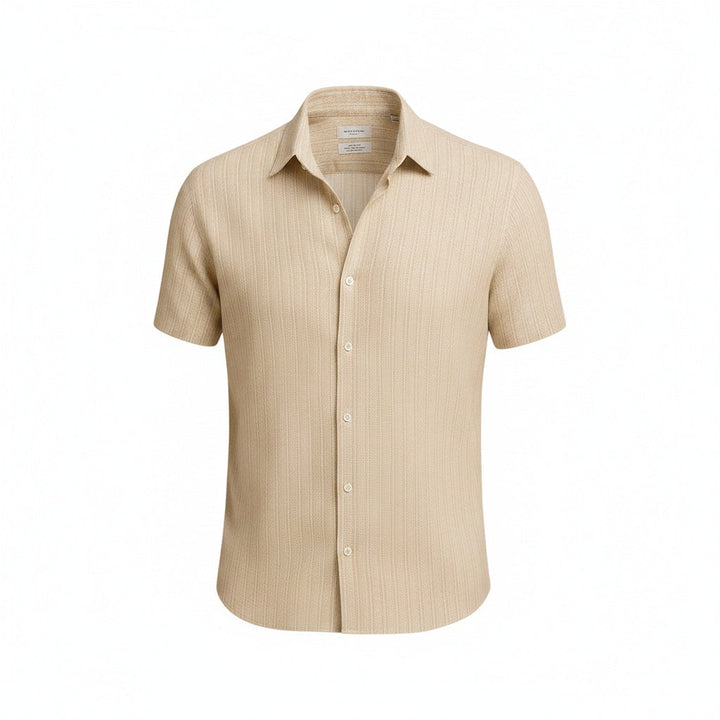 Chemise homme élégante à manches courtes, rayures verticales bleues et blanches, coupe ajustée, business casual.