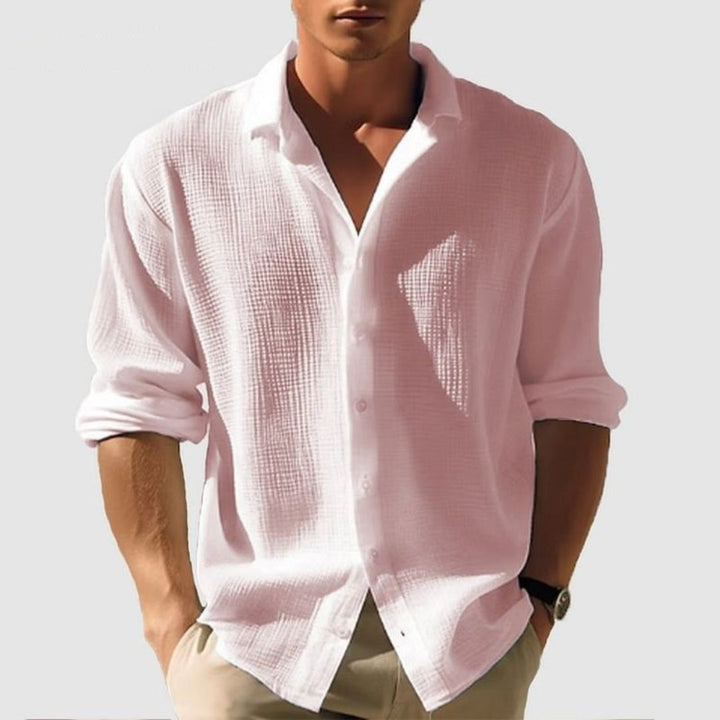 Chemise homme boutonnée manches longues, regular fit, casual chic, polyvalente, vêtements homme essentiel.