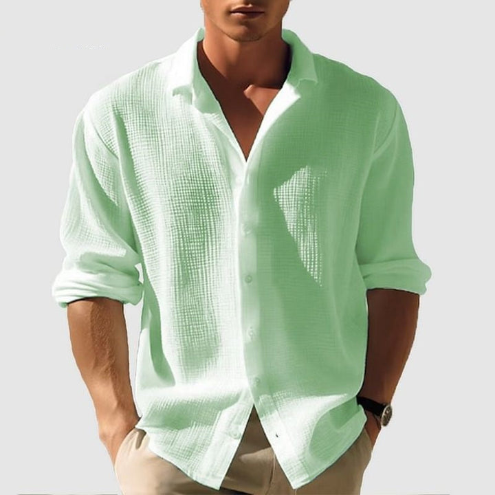 Chemise homme élégante, coupe regular fit, manches longues, boutons, col classique, mode masculine polyvalente.