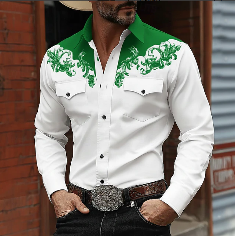 Chemise homme western noire, broderie baroque dorée, manches longues. Style cowboy authentique, mode masculine élégante.