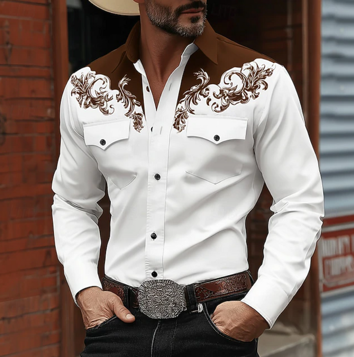 Chemise homme western avec broderie baroque détaillée sur poitrine et dos. Manches longues, style cowboy moderne et élégant.