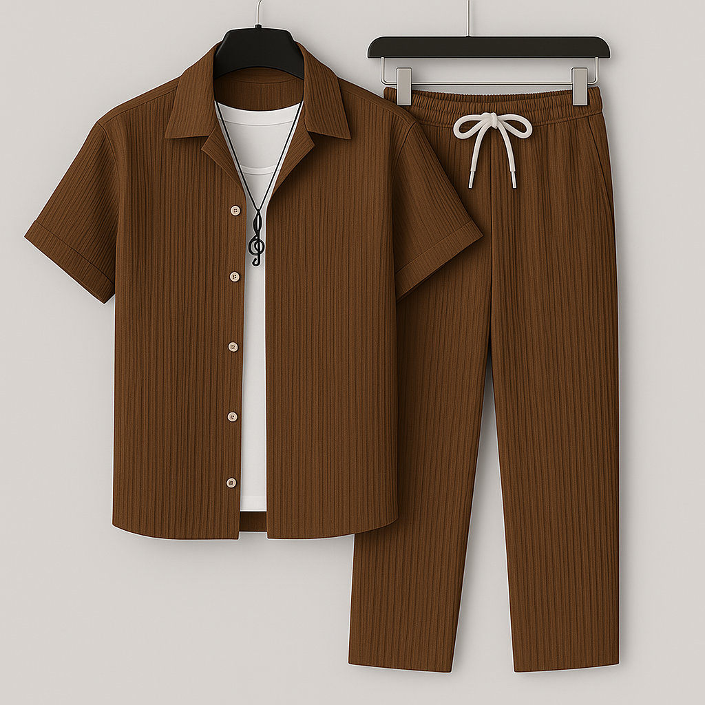 Tenue homme confortable deux pièces: chemise manches courtes et pantalon cordon. Idéal pour les vacances et l'été.