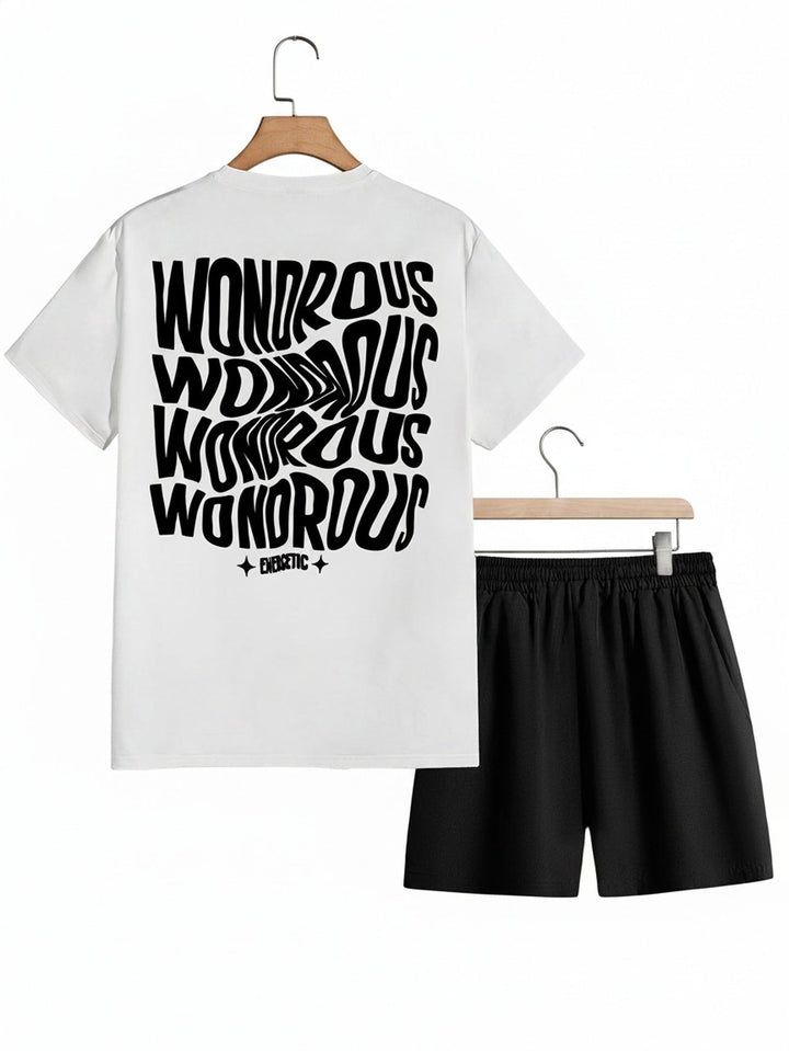 Ensemble streetwear homme : t-shirt graphique psychédélique à col rond et short décontracté.