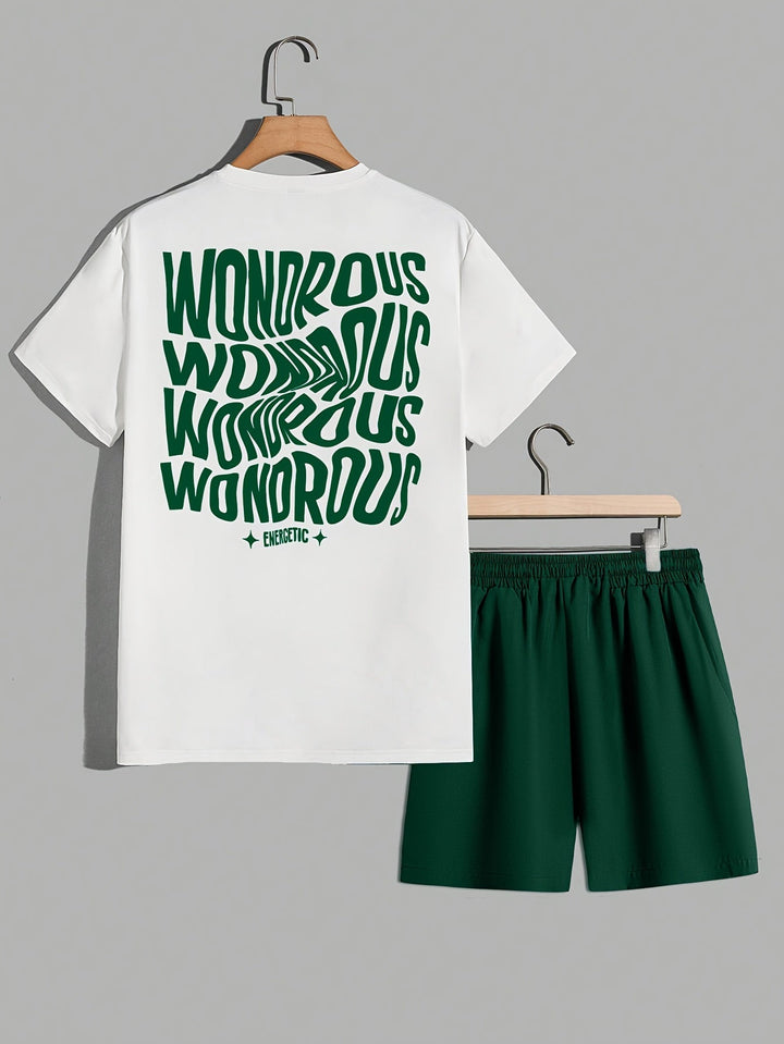 Vêtement deux pièces homme : ensemble décontracté avec t-shirt graphique psychédélique et short streetwear.