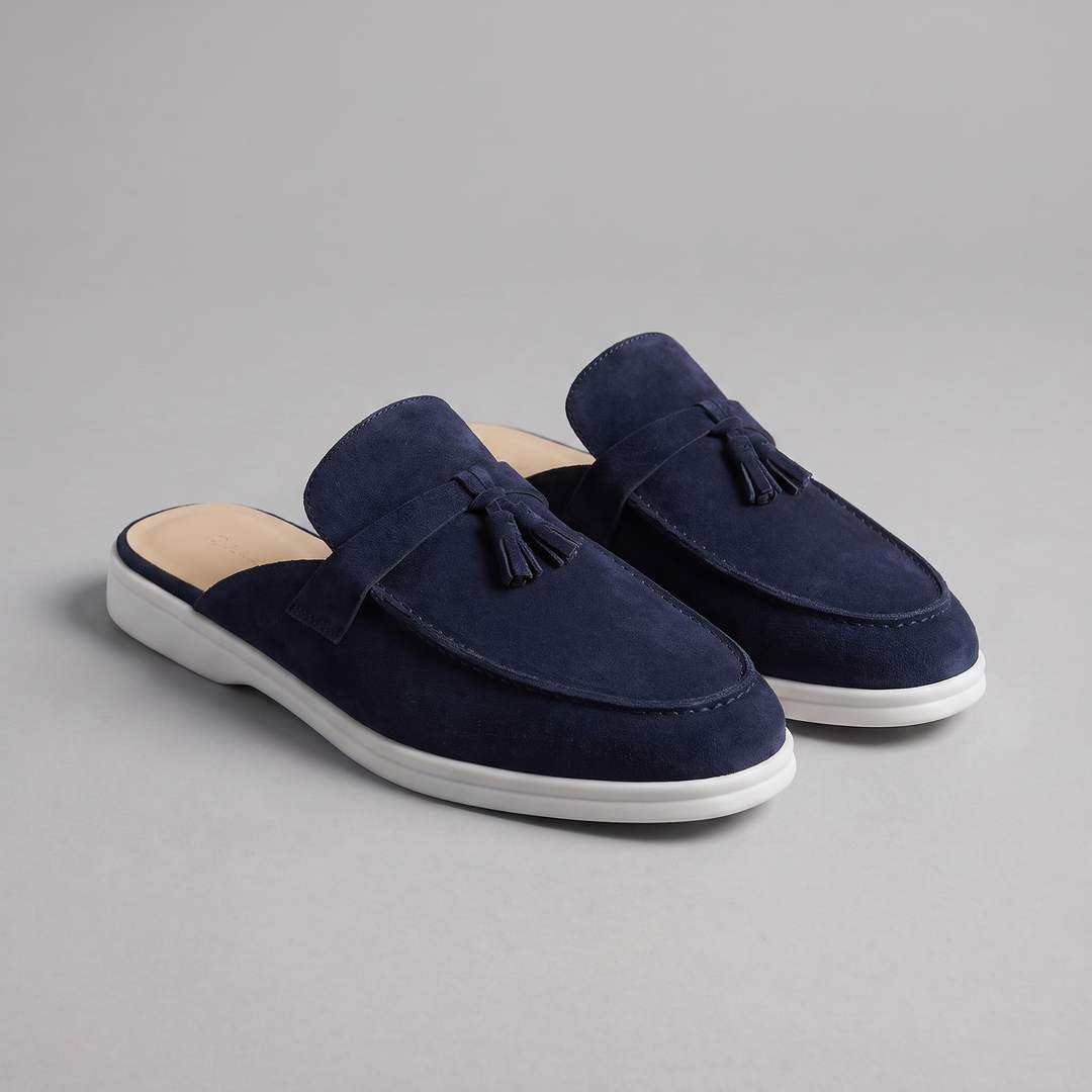 Mules homme, dos ouvert, boucle métallique. Chaussures décontractées chic pour mode masculine.