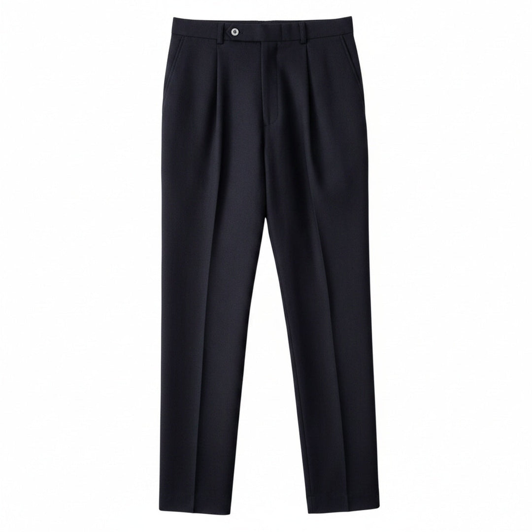 Pantalon costume homme taille haute slim fit avec pinces. Élégant pour bureau ou soirée.
