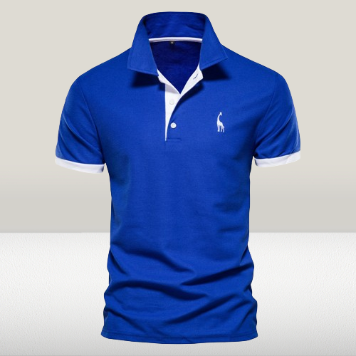 Polo casual homme bicolore, coupe regular, broderie girafe discrète, vêtement confort élégant.