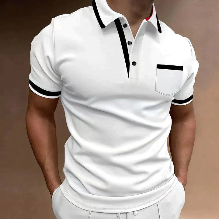 Polo homme élégant à manches courtes, coupe ajustée, idéal pour un look casual chic et mode masculine.