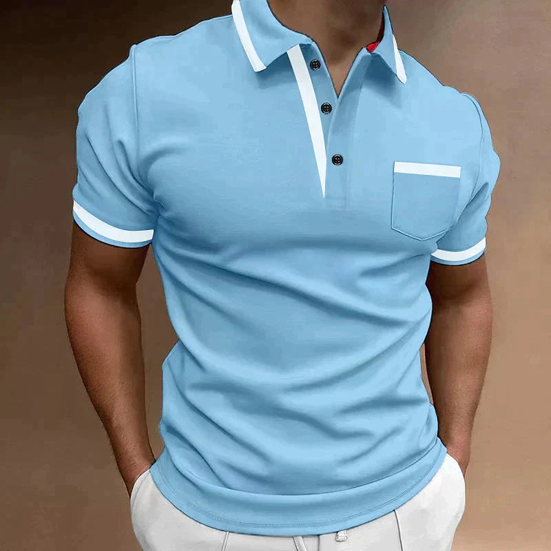 Polo homme bleu marine, manches courtes, col boutonné, poche poitrine. Élégant et décontracté pour homme.