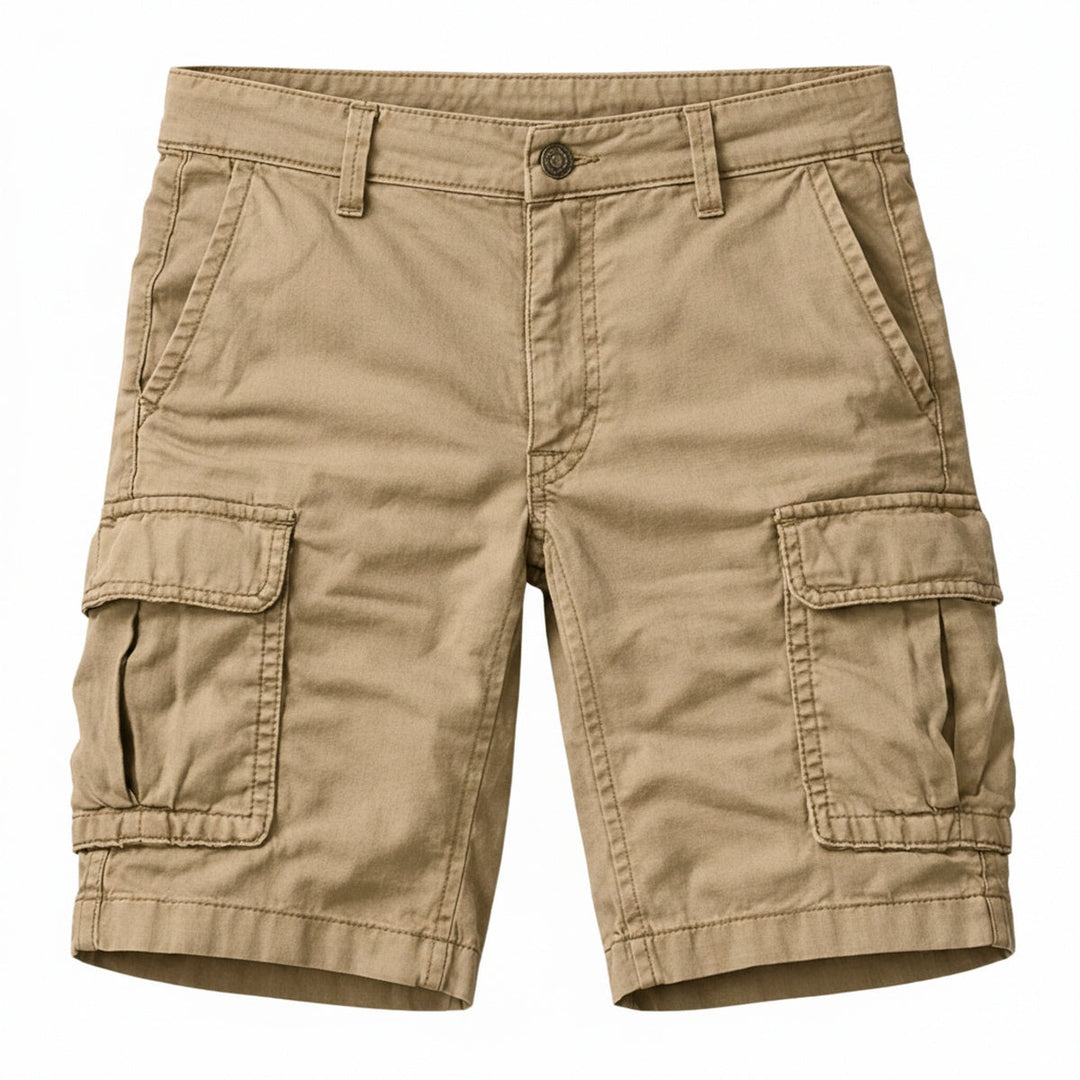 Short cargo homme décontracté avec poches latérales et fermeture éclair, idéal pour l'été et le voyage.