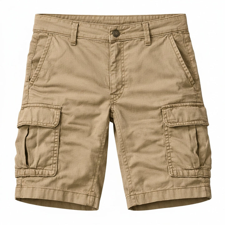 Short cargo homme décontracté avec poches latérales et fermeture éclair, idéal pour l'été et le voyage.