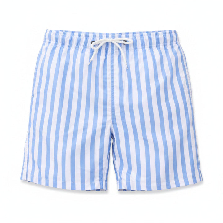 Short de bain homme élégant à rayures verticales, idéal pour la plage ou la piscine avec cordon de serrage.