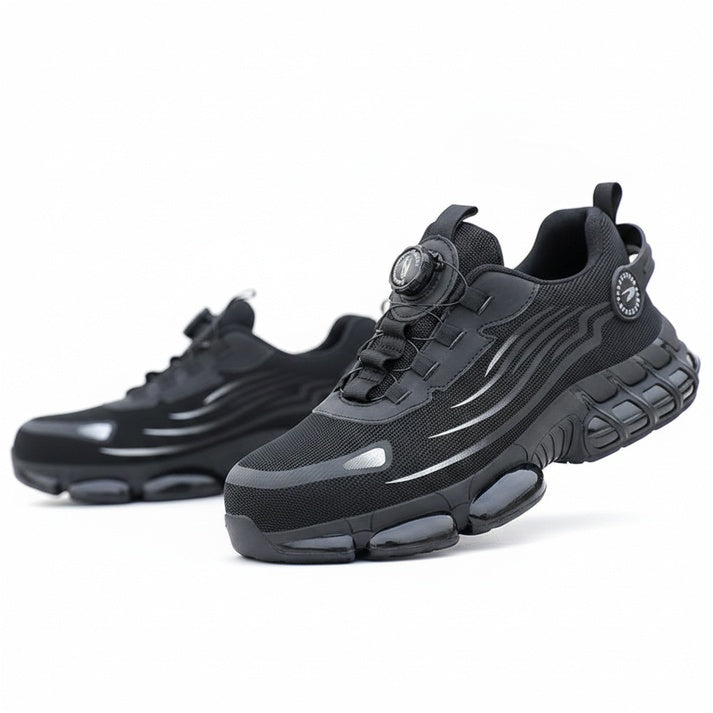 Sneakers homme sportives avec fermeture rotative innovante, semelle coussin d'air pour confort, style urbain.