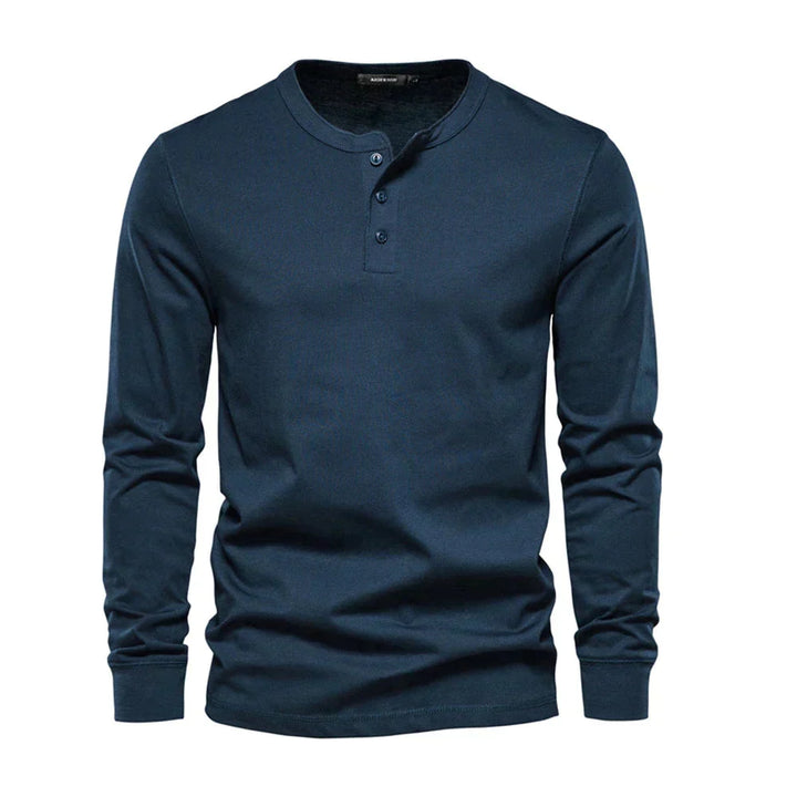 T-shirt Henley homme manches longues, col rond et patte de boutonnage. Style casual élégant pour mode masculine.