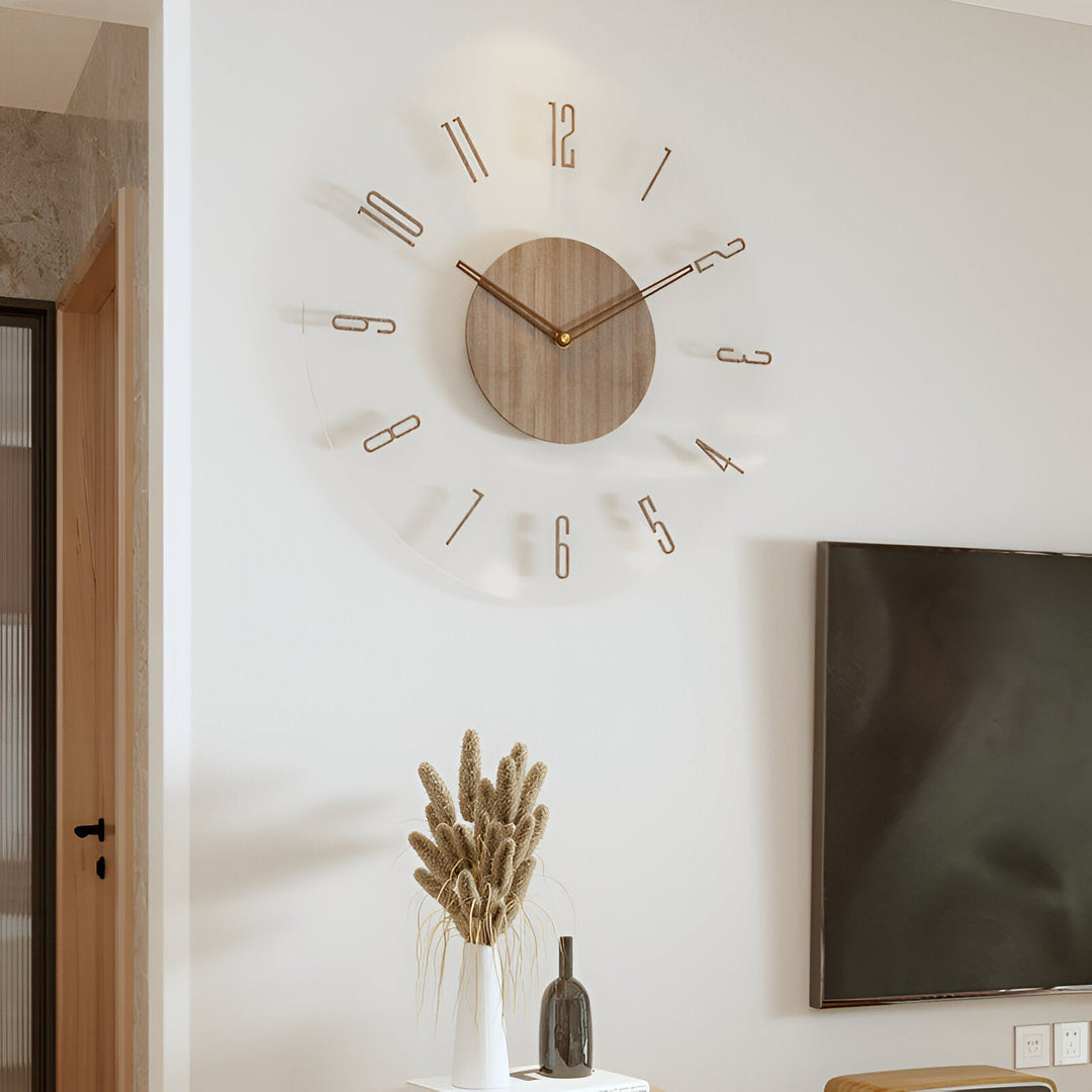 Élégante horloge murale design silencieuse avec grands chiffres, idéale pour une ambiance sereine au salon.