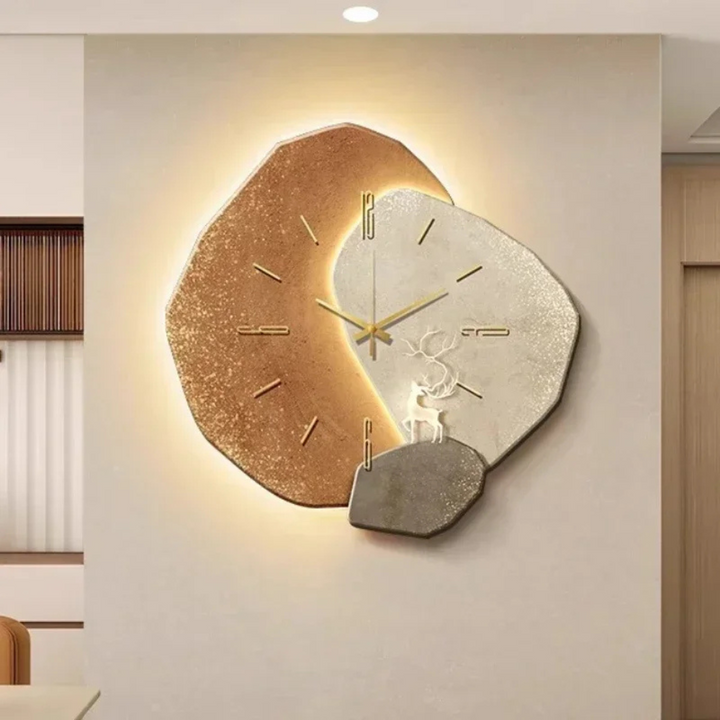Décoration murale élégante: horloge en bois naturel et lampe LED USB, style moderne pour intérieur.