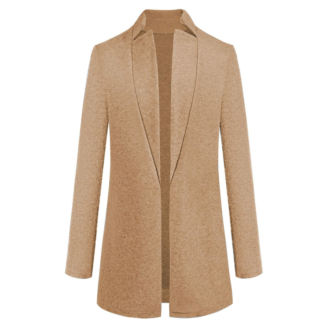 Manteau femme mi-saison chic, style cardigan noir. Veste cintrée élégante avec col montant. Mode femme.