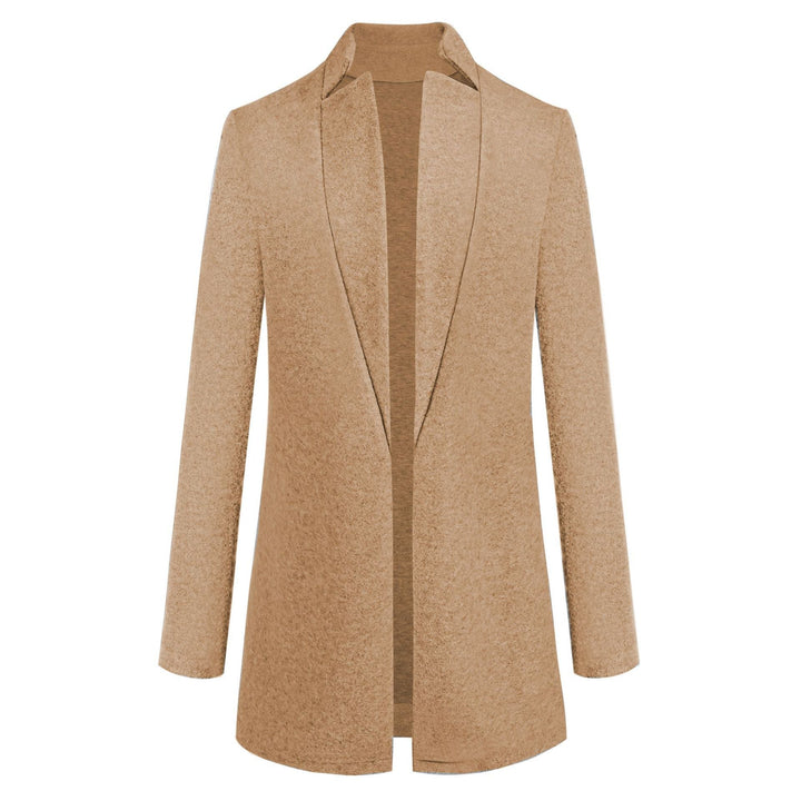 Manteau femme mi-saison chic, style cardigan noir. Veste cintrée élégante avec col montant. Mode femme.