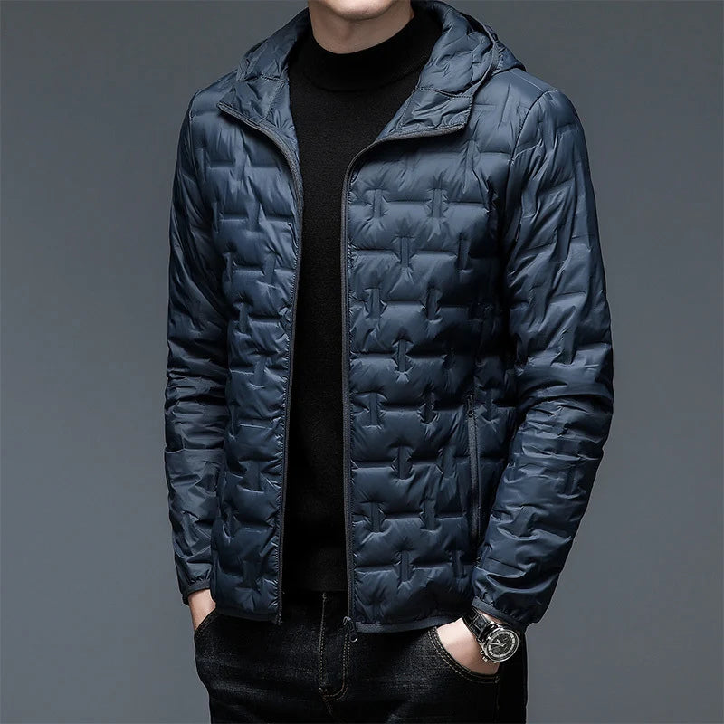 Blouson doudoune homme léger et chaud, design urbain élégant avec capuche, parfait pour le confort en hiver.