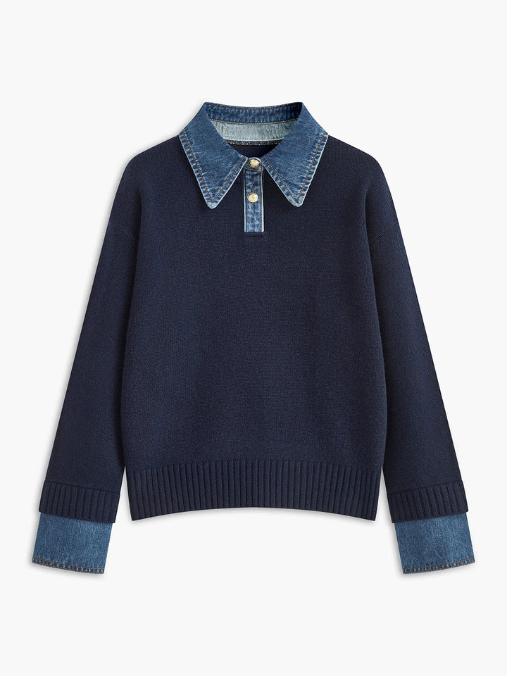 Pull femme superposé élégant avec col chemise denim. Parfait pour l'automne/hiver, confortable et chic.