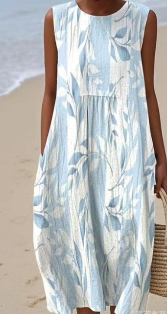 Robe femme midi décontractée sans manches, imprimé tendance. Confortable et polyvalente pour printemps/été.
