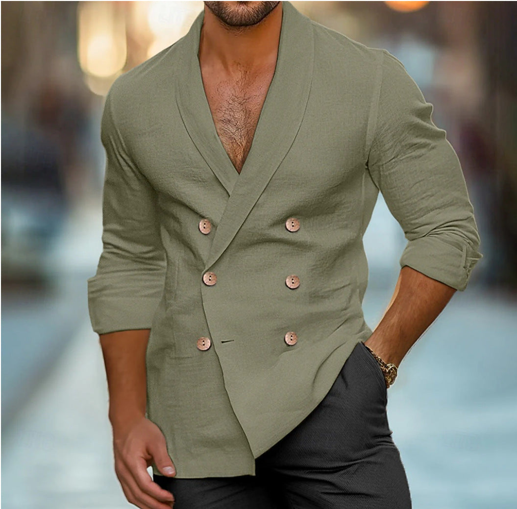 Veste blazer homme décontractée double boutonnage, col polo. Style moderne pour printemps et automne.