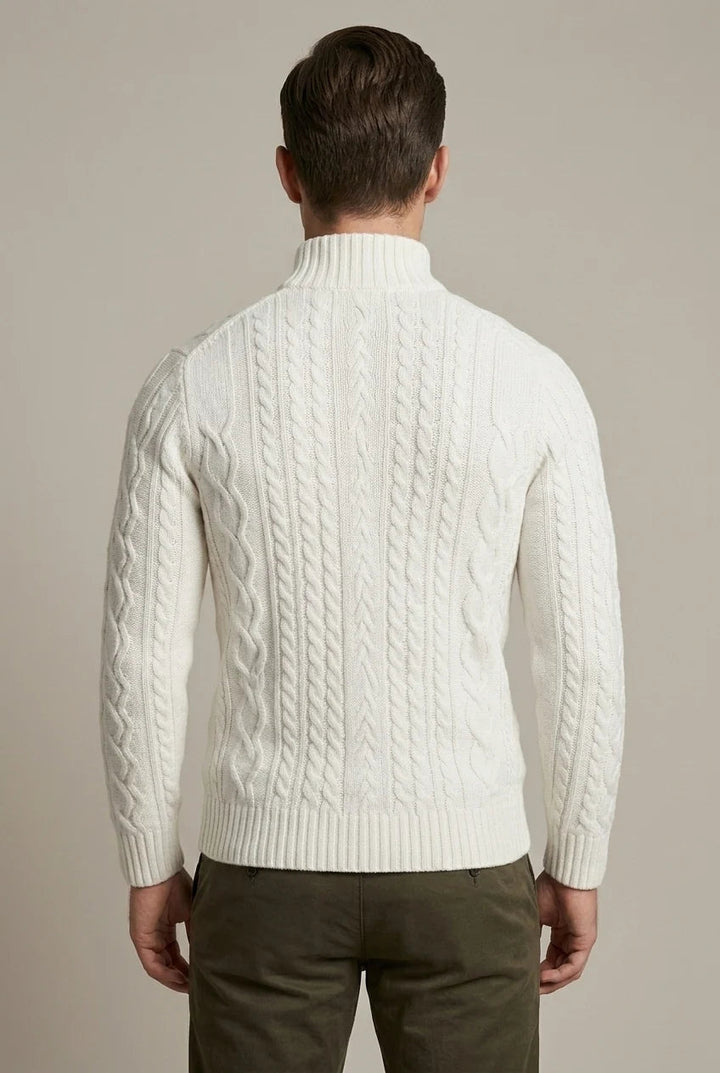 Pull homme épais à manches longues, tricot torsadé chaud, col zippé. Parfait pour automne-hiver.