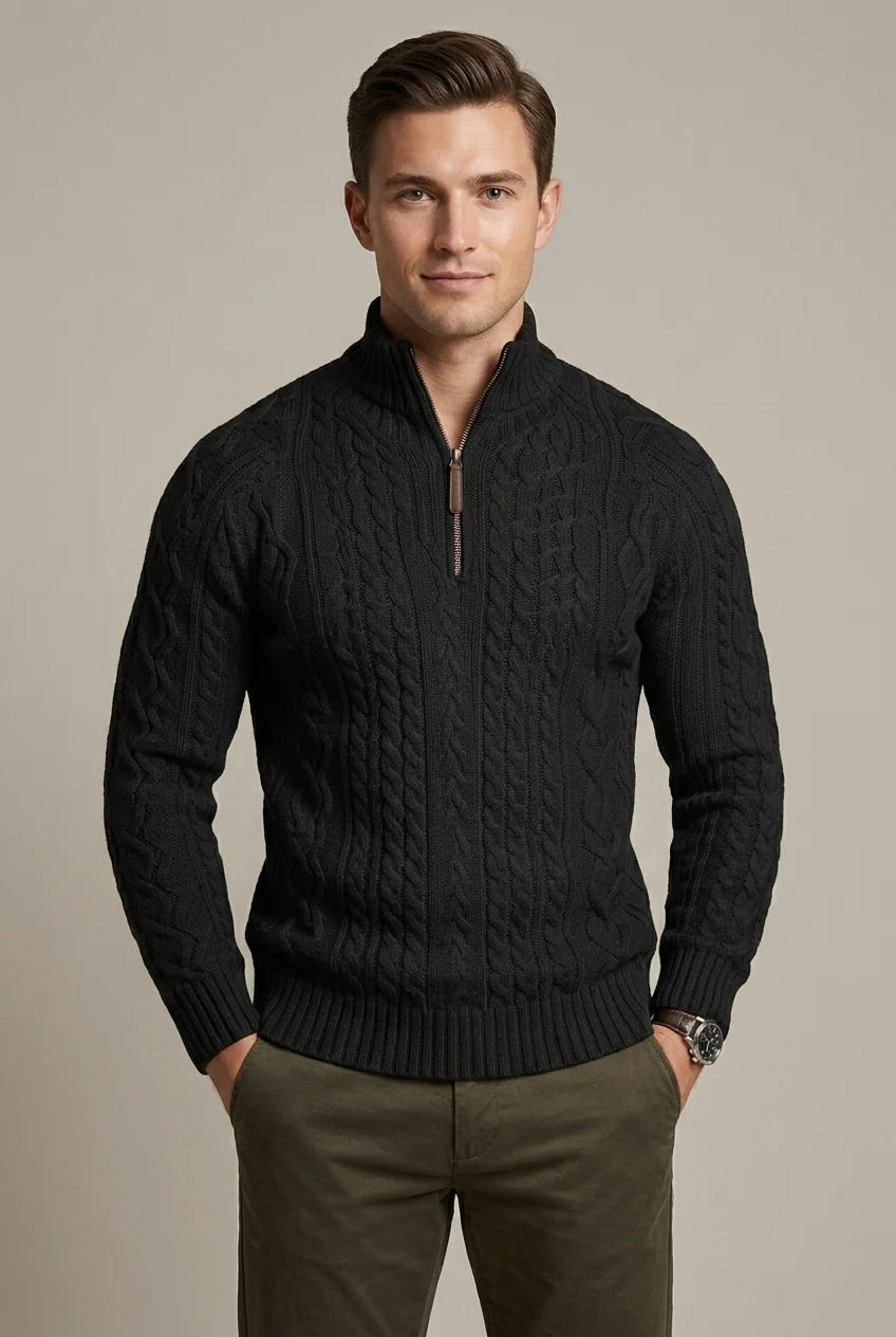 Pull homme mode hiver, col zippé, tricot torsadé. Élégant et chaud pour un look décontracté.