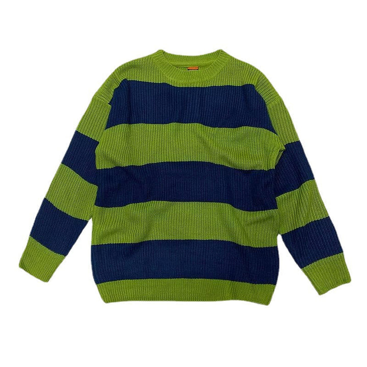 Pull homme à rayures, vert et noir, col rond. Coupe ample moderne pour un look décontracté.