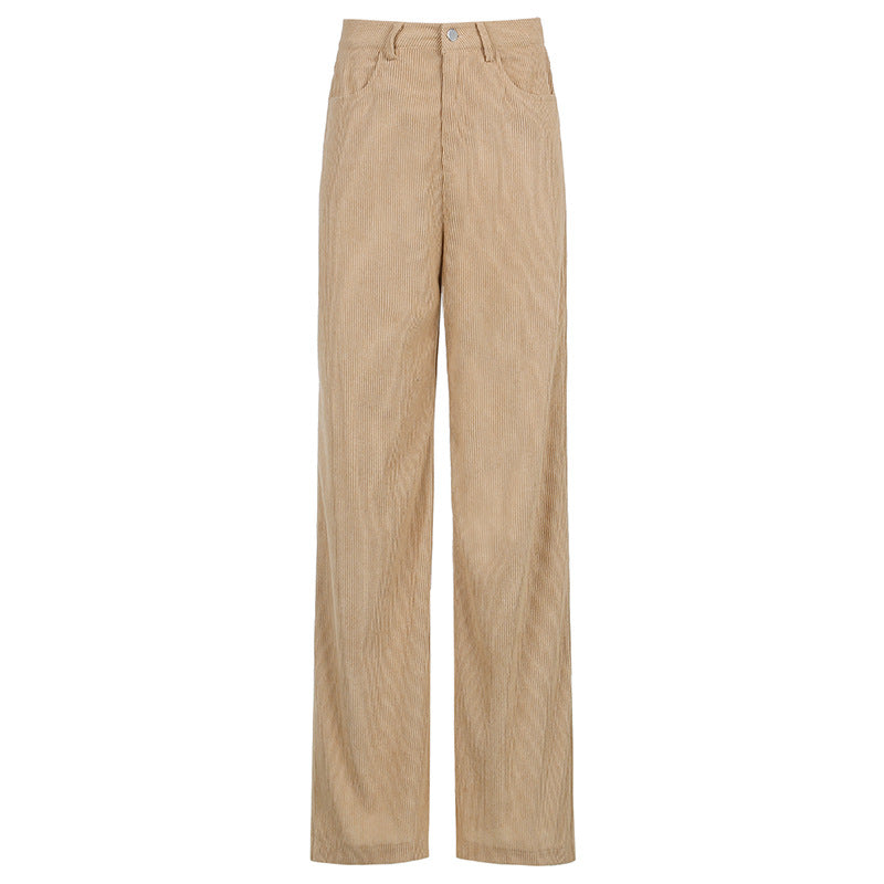 Pantalon femme décontracté beige, coupe large fluide et élégante, style côtelé moderne et confortable.