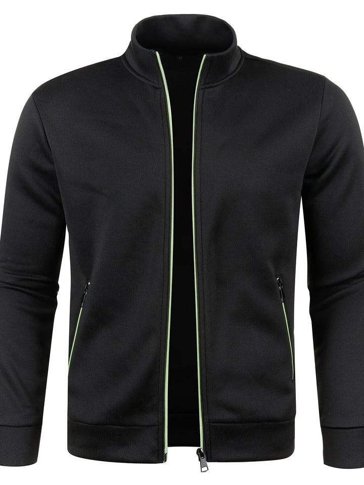 Veste homme moderne zippée à col montant. Confort et style urbain élégant. Vêtement masculin polyvalent toutes saisons.