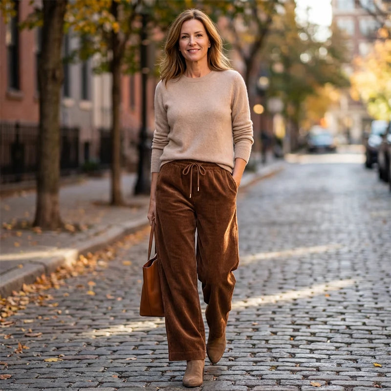 Pantalon femme en velours côtelé texturé, coupe large pour un style décontracté chic et confortable.