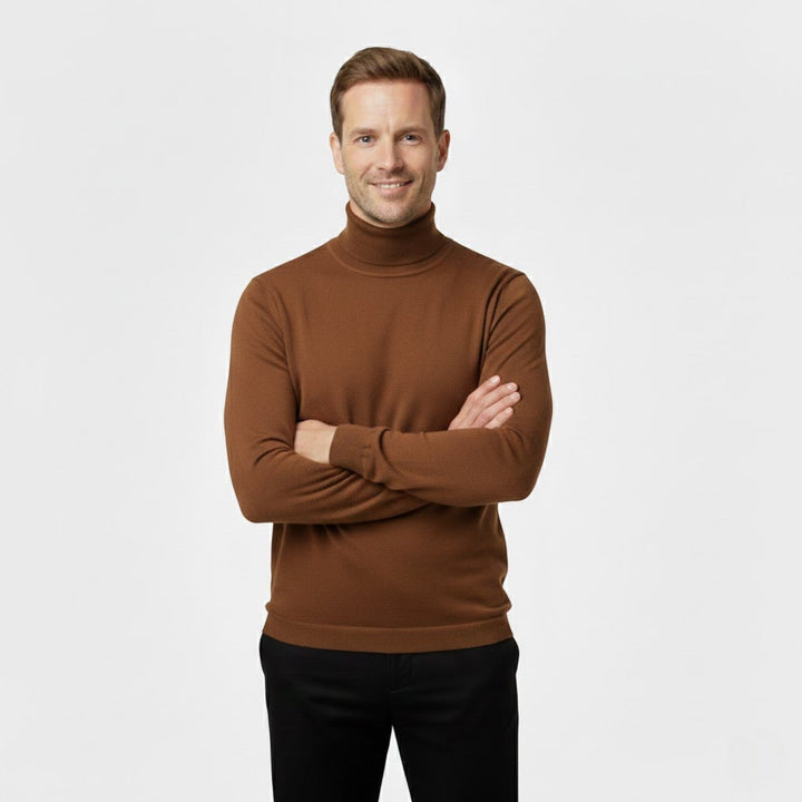 Pull col roulé homme en tricot à manches longues, coupe slim, pour une allure élégante et confortable en hiver.