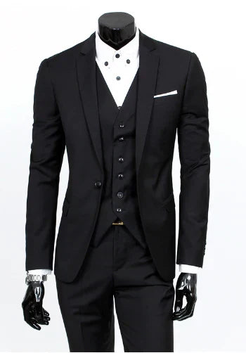 Costume 3 pièces homme élégant pour affaires et cérémonies. Veste, pantalon, gilet. Parfait pour mariage.