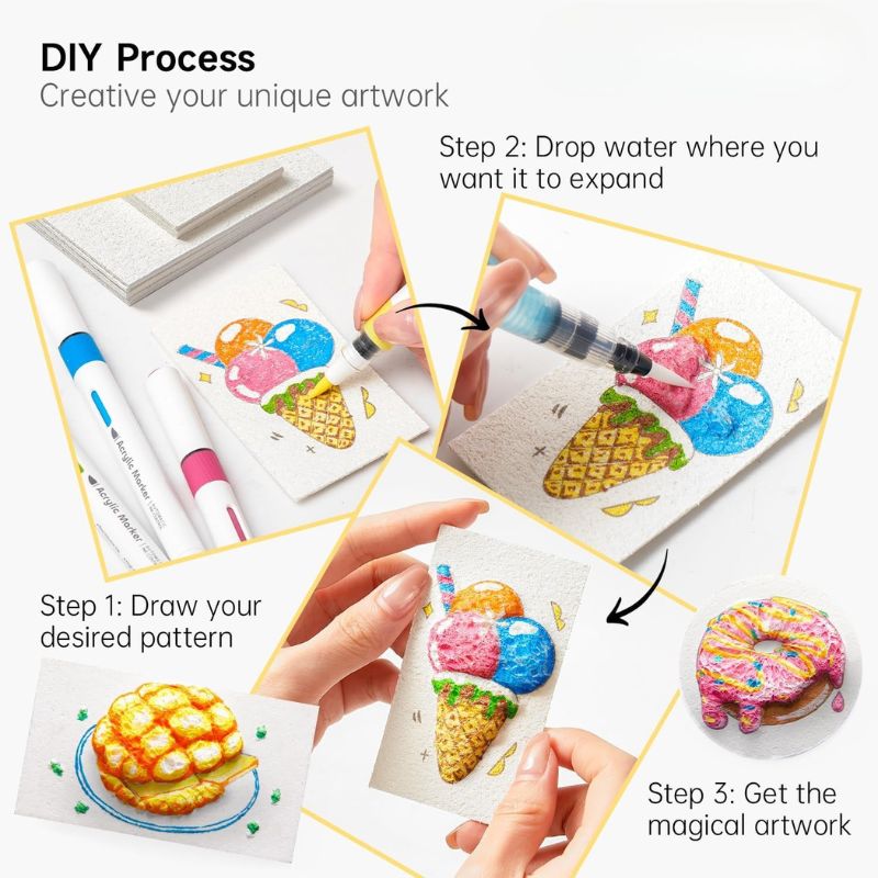 Œuvres d'art 3D colorées réalisées avec le kit de peinture enfants. Stimule la créativité.