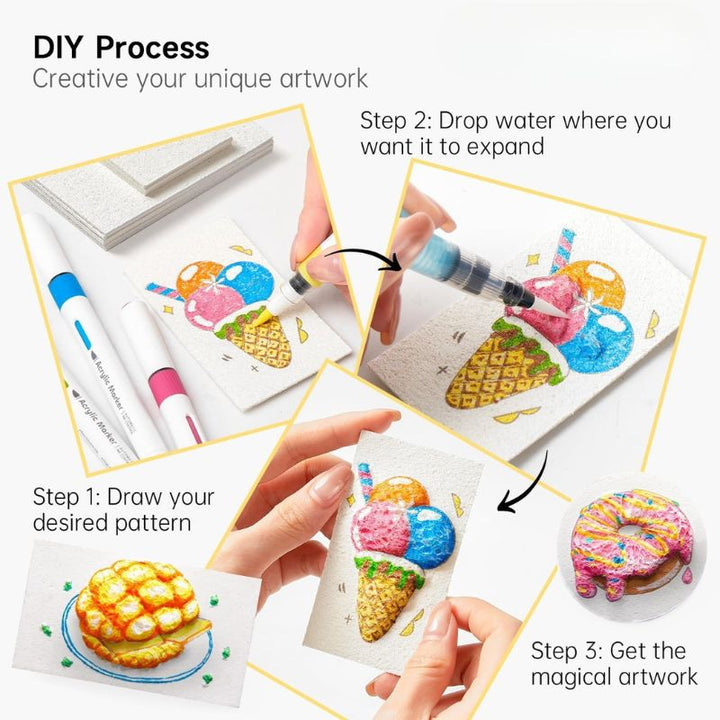 Œuvres d'art 3D colorées réalisées avec le kit de peinture enfants. Stimule la créativité.