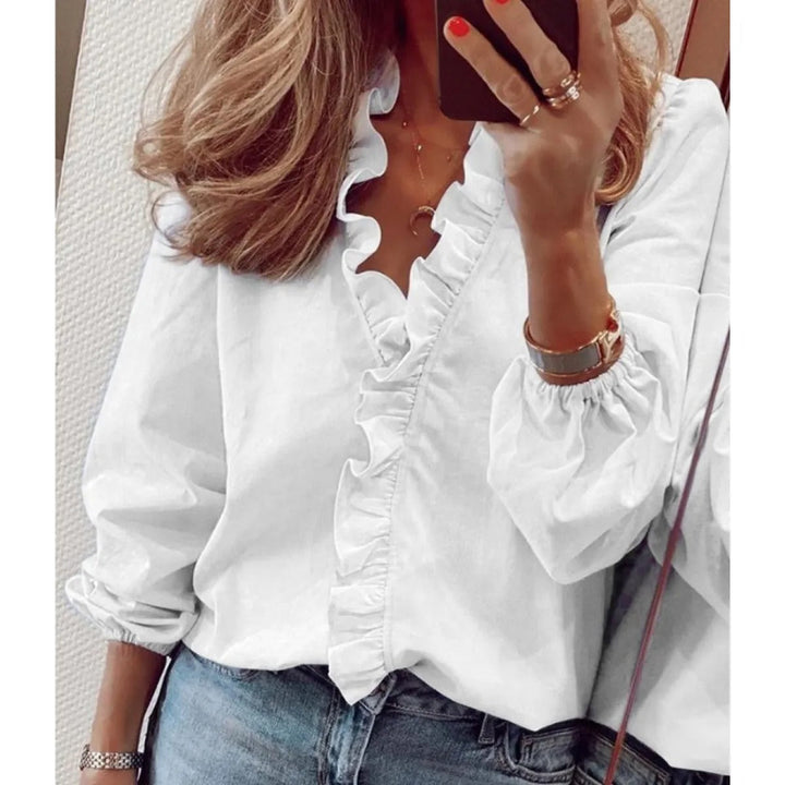 Blouse femme élégante à col V volanté, imprimé floral chic, manches longues. Confortable et extensible.