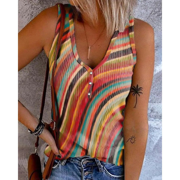 Débardeur femme élégant col V sans manches imprimé avec boutons, parfait pour un look casual d'été.