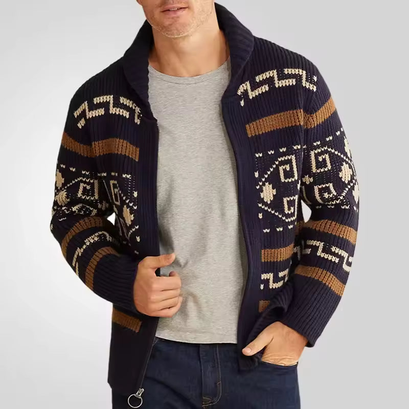 Gilet homme Oakmere zippé à motif tribal moderne, parfait pour un look automnal casual et élégant.
